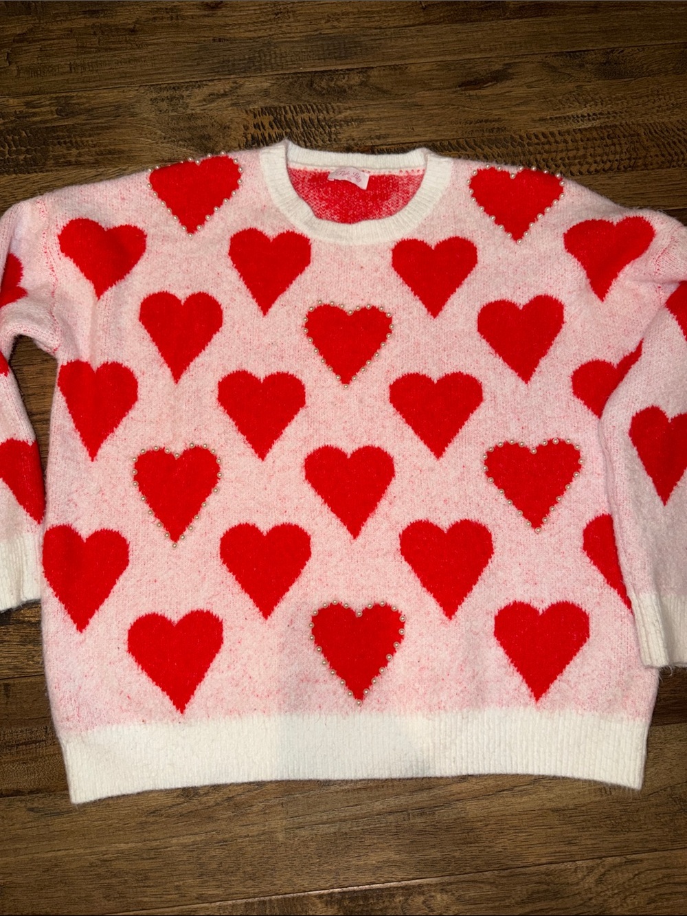 Pink Lily Pink Crewneck Sweater with Red Heart Pattern